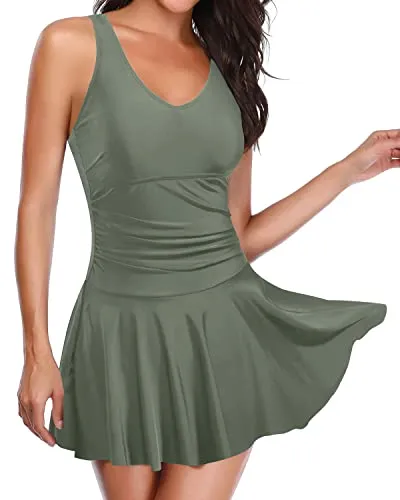 Flowy And Flattering One Piece Swimdress Built-In Bottom For Women-Army Green