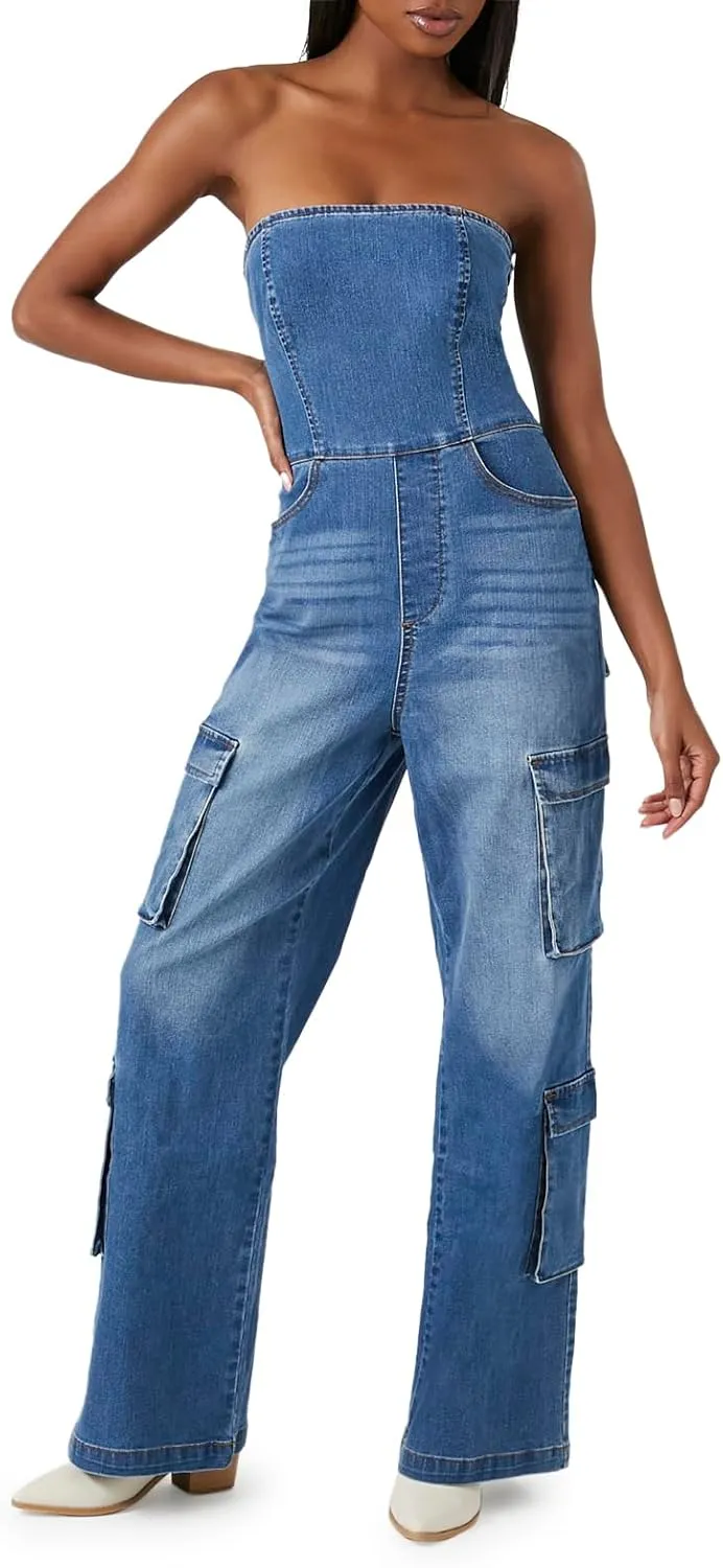 Forever 21 Womens Strapless Stretch-denim Jumpsuit
