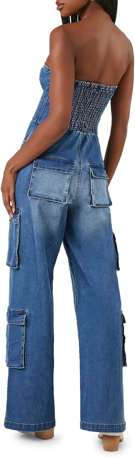 Forever 21 Womens Strapless Stretch-denim Jumpsuit