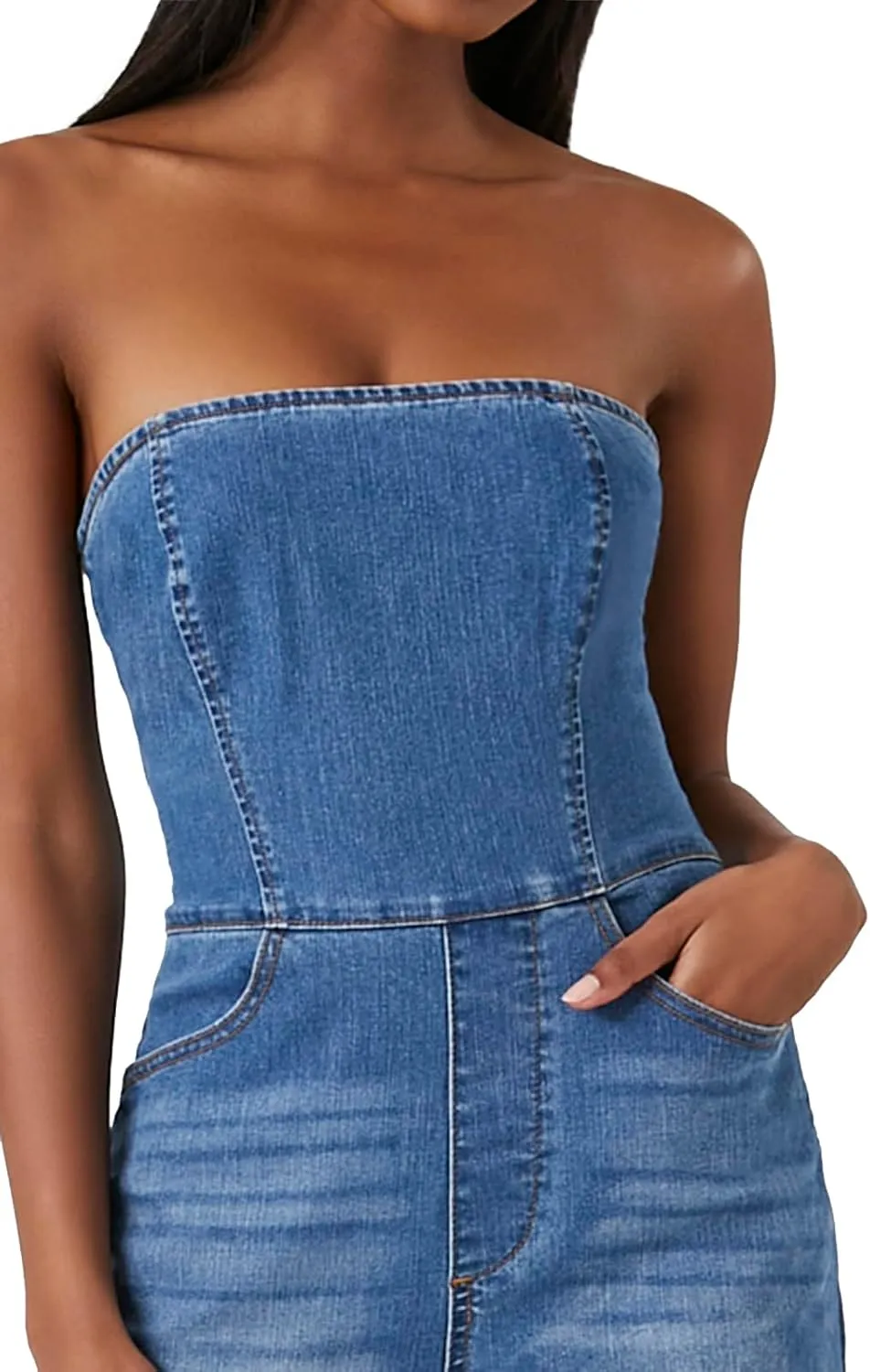 Forever 21 Womens Strapless Stretch-denim Jumpsuit