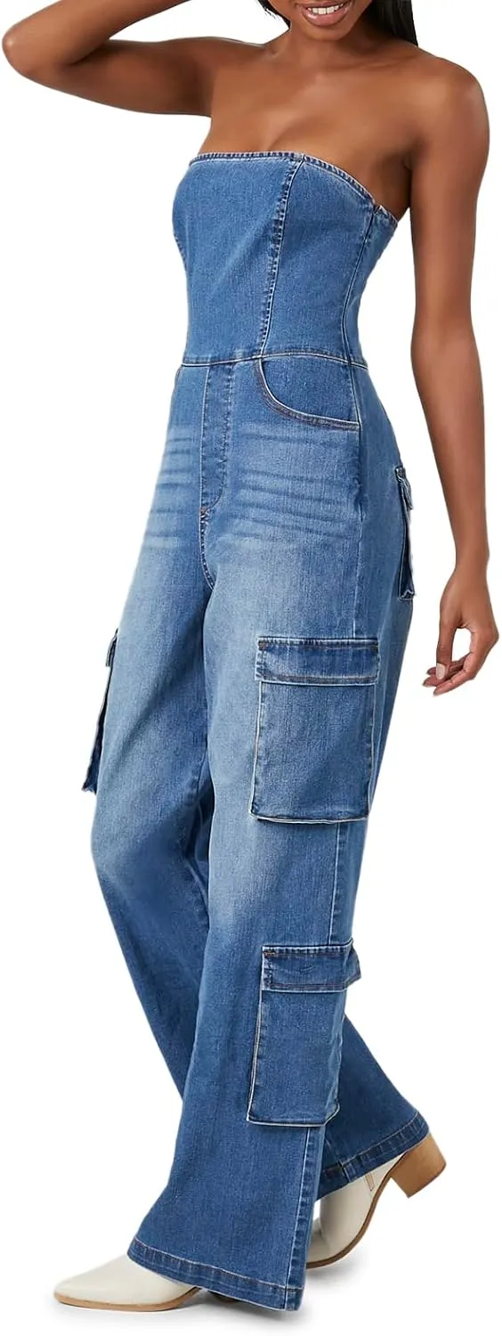 Forever 21 Womens Strapless Stretch-denim Jumpsuit