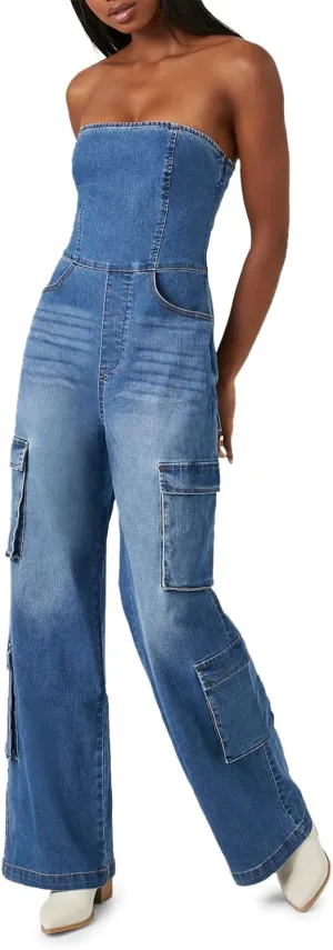 Forever 21 Womens Strapless Stretch-denim Jumpsuit