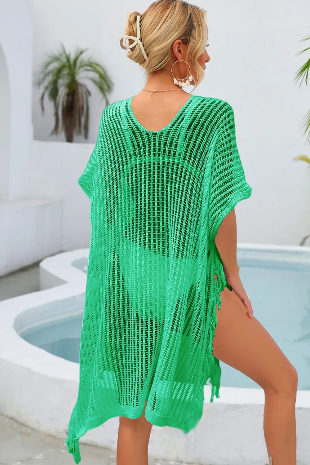 Fringe Trim Openwork Bikini - Swimsuit Cover Up Dress