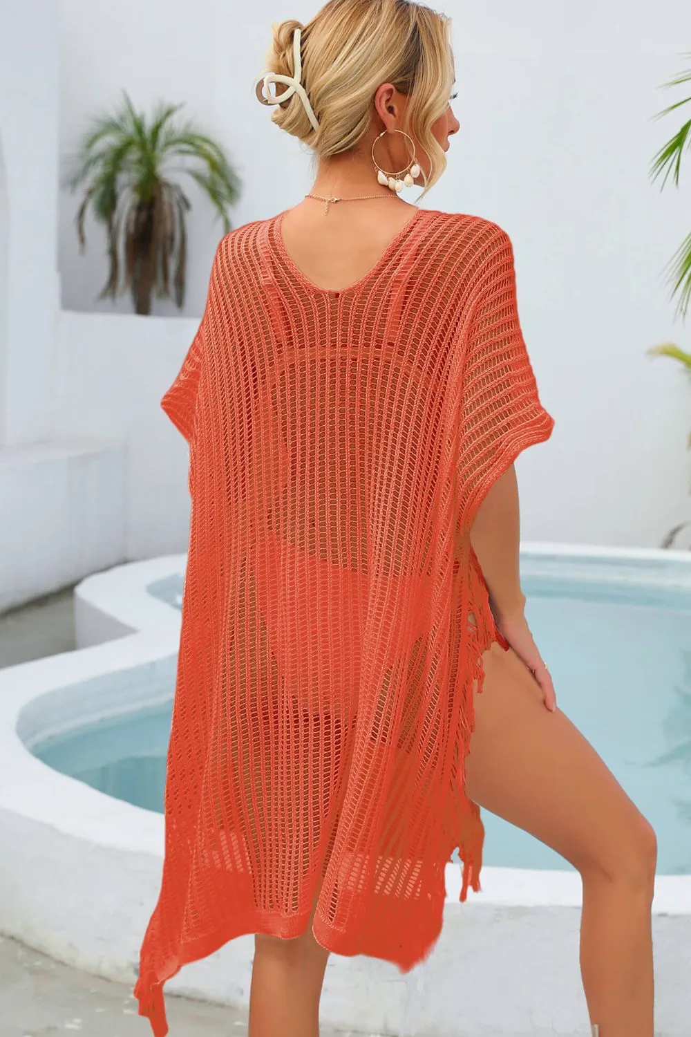Fringe Trim Openwork Bikini - Swimsuit Cover Up Dress