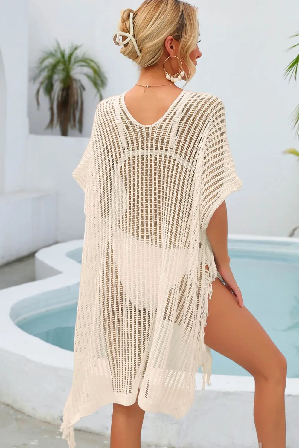 Fringe Trim Openwork Bikini - Swimsuit Cover Up Dress
