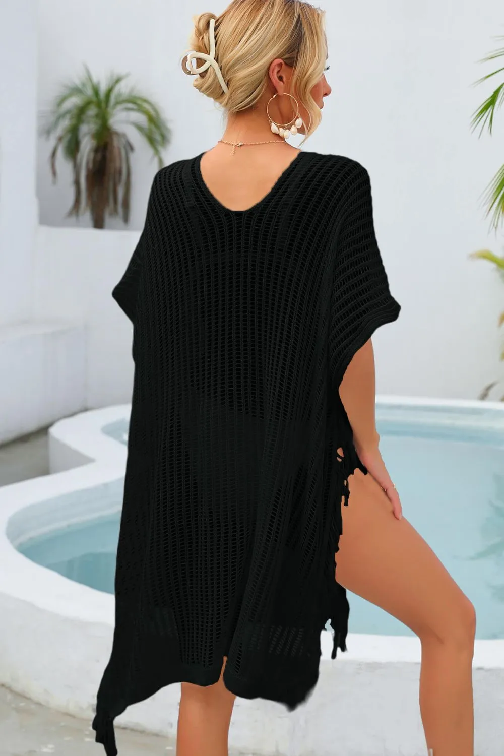 Fringe Trim Openwork Bikini - Swimsuit Cover Up Dress