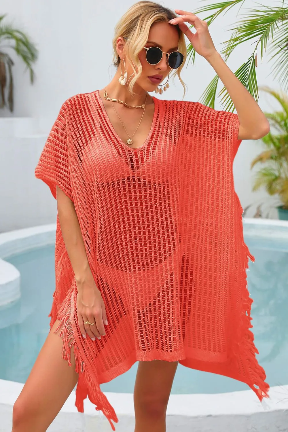 Fringe Trim Openwork Bikini - Swimsuit Cover Up Dress
