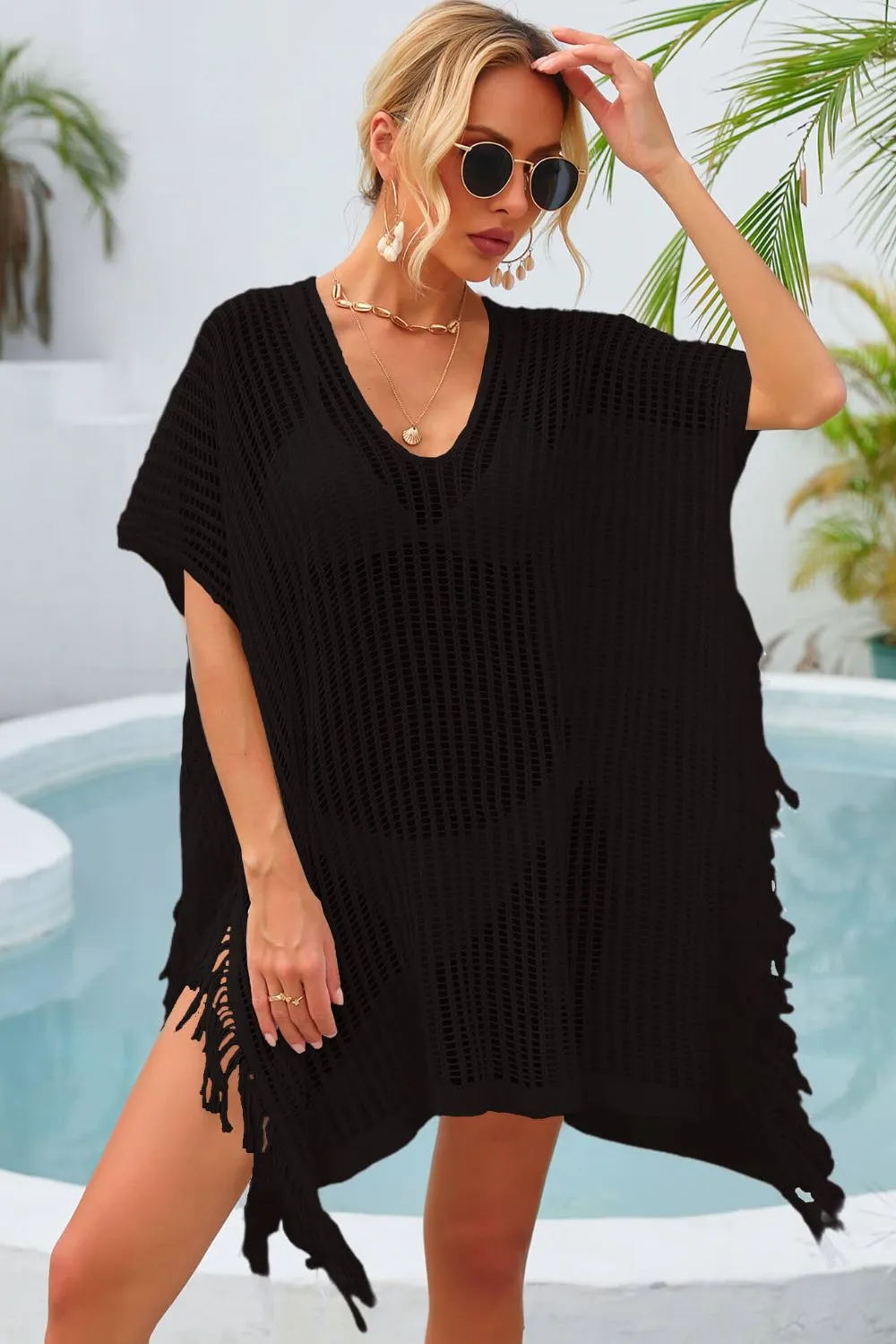 Fringe Trim Openwork Bikini - Swimsuit Cover Up Dress