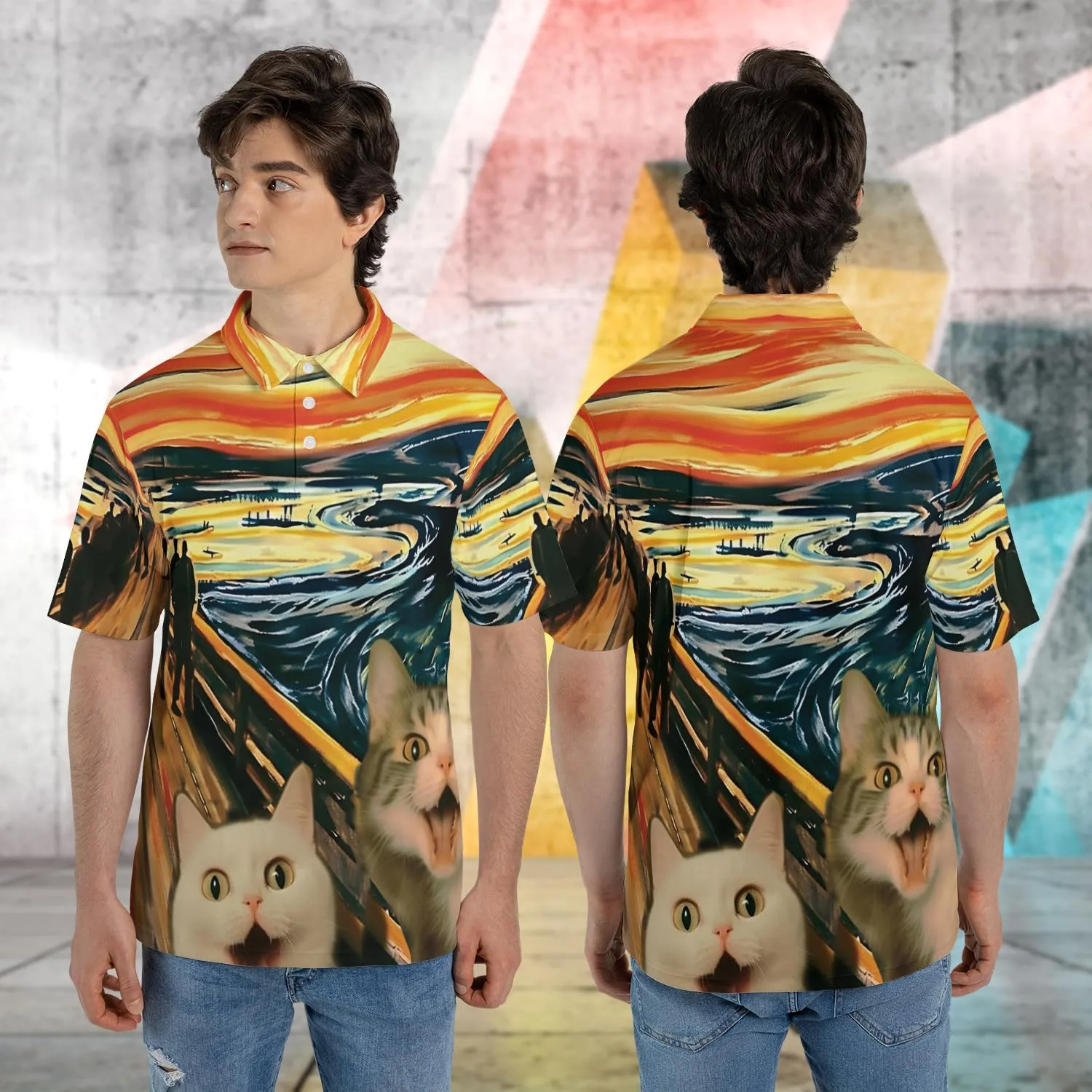 Funny Cat Polo Shirts for Men - Galaxy Cat Mens Quick Dry Short Sleeve Polo Shirts Series 28