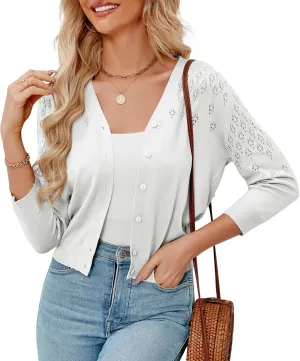 Genhoo Women's Cropped Cardigan 3/4 Sleeve Button Down Knit Bolero Shrug Open Front Lightweight Hollowed-Out Sweater Tops