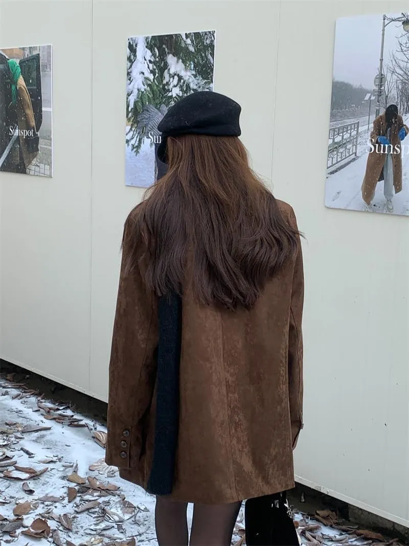 GGOOB Suede Jacket Y2k Outerwear Oversized Blazers Brown Faux Leather Jacket Women Old Money Aesthetic Winter