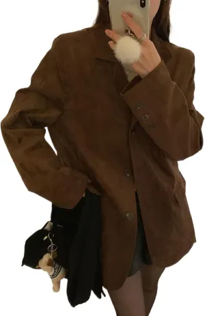 GGOOB Suede Jacket Y2k Outerwear Oversized Blazers Brown Faux Leather Jacket Women Old Money Aesthetic Winter