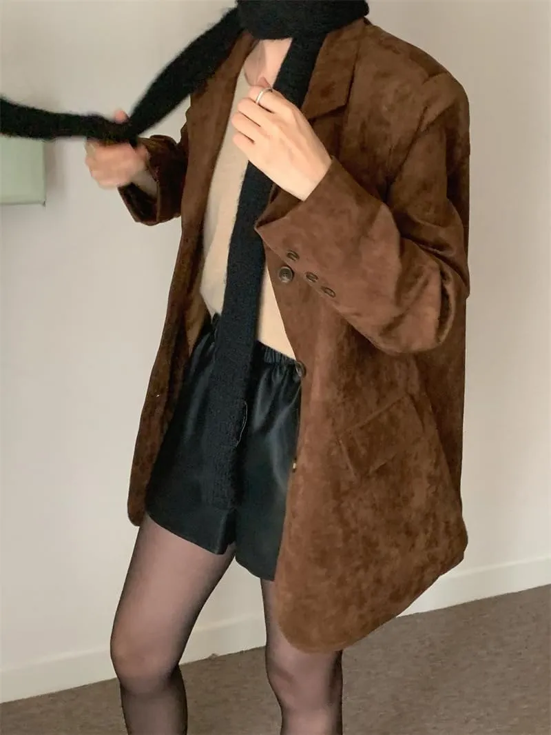 GGOOB Suede Jacket Y2k Outerwear Oversized Blazers Brown Faux Leather Jacket Women Old Money Aesthetic Winter