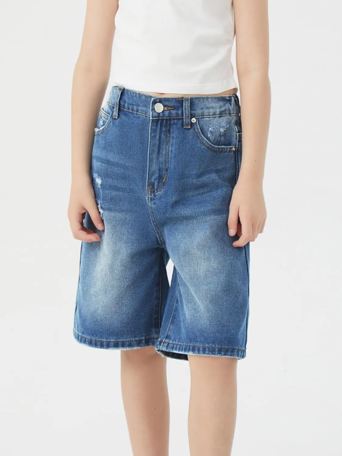 Girls Jeans Shorts Ripped Denim Bermuda Elastic Waist Bottom Trendy Cotton Summer Clothes for Kids