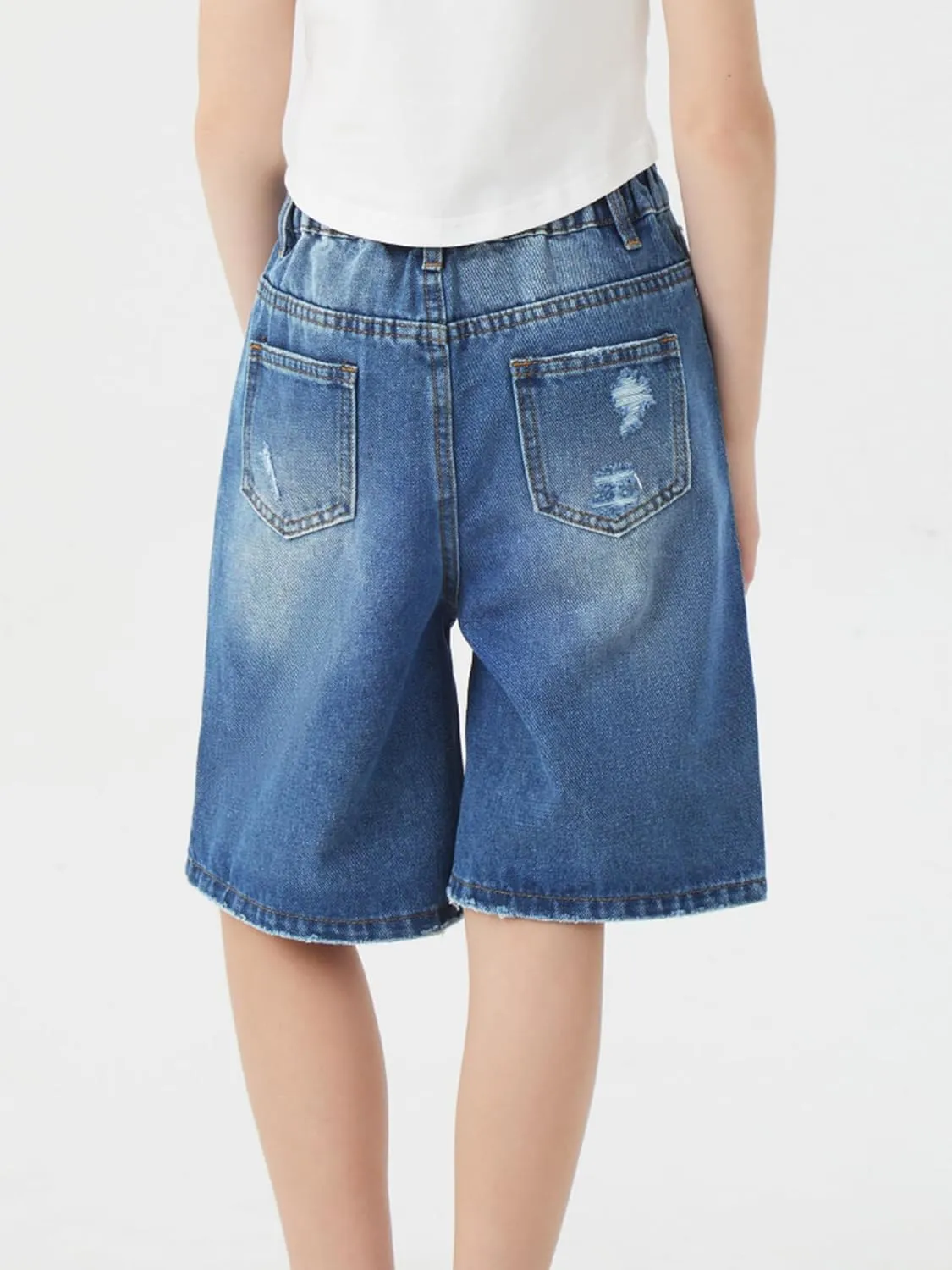 Girls Jeans Shorts Ripped Denim Bermuda Elastic Waist Bottom Trendy Cotton Summer Clothes for Kids