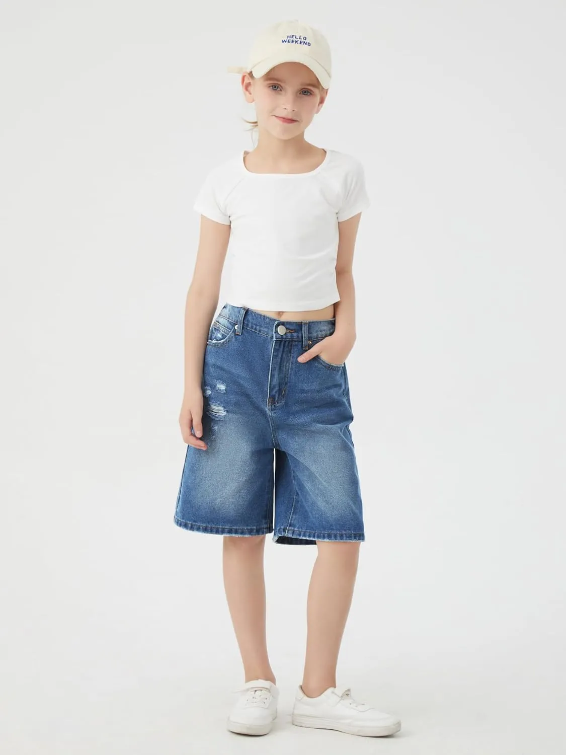 Girls Jeans Shorts Ripped Denim Bermuda Elastic Waist Bottom Trendy Cotton Summer Clothes for Kids