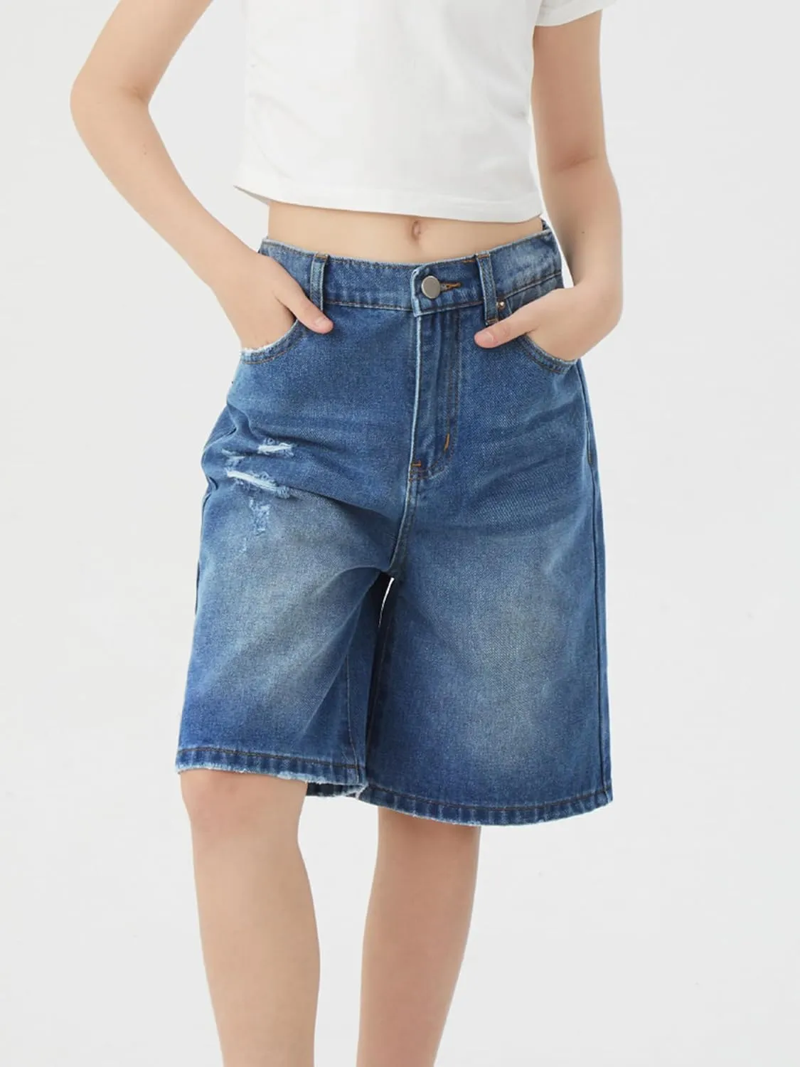 Girls Jeans Shorts Ripped Denim Bermuda Elastic Waist Bottom Trendy Cotton Summer Clothes for Kids