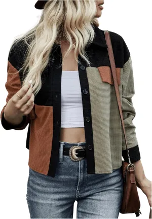 GORGLITTER Women's Color Block Button Down Caridiagn Sweaters Long Sleeve Collared Knit Tops