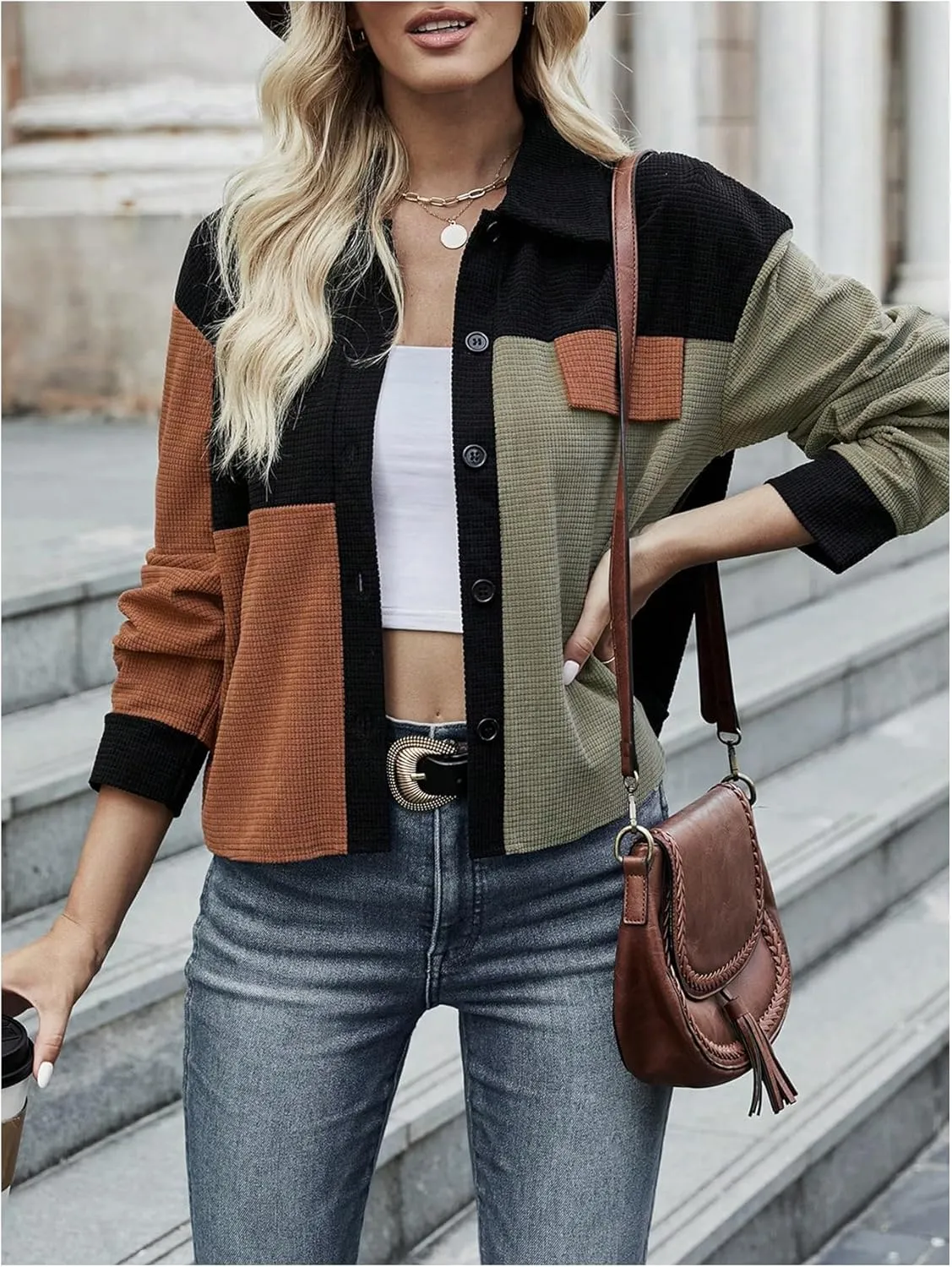 GORGLITTER Women's Color Block Button Down Caridiagn Sweaters Long Sleeve Collared Knit Tops