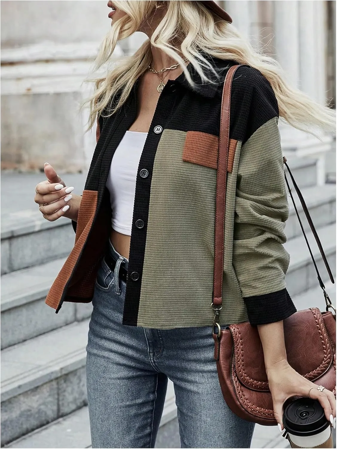 GORGLITTER Women's Color Block Button Down Caridiagn Sweaters Long Sleeve Collared Knit Tops