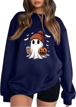 Halloween Sweatshirt for Women Cute Ghost Graphic Pullover Tops Funny Novelty Pumpkin Print Crewneck Sweatshirts