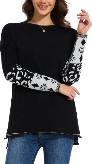 hathne Oversized Sweaters Pullover for Women Leopard Printed Cuff Casual Long Sleeve Knit Tops