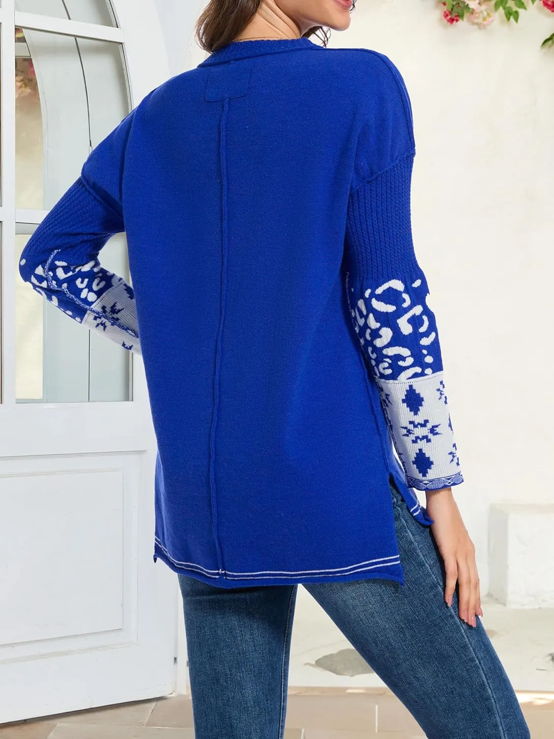 hathne Oversized Sweaters Pullover for Women Leopard Printed Cuff Casual Long Sleeve Knit Tops