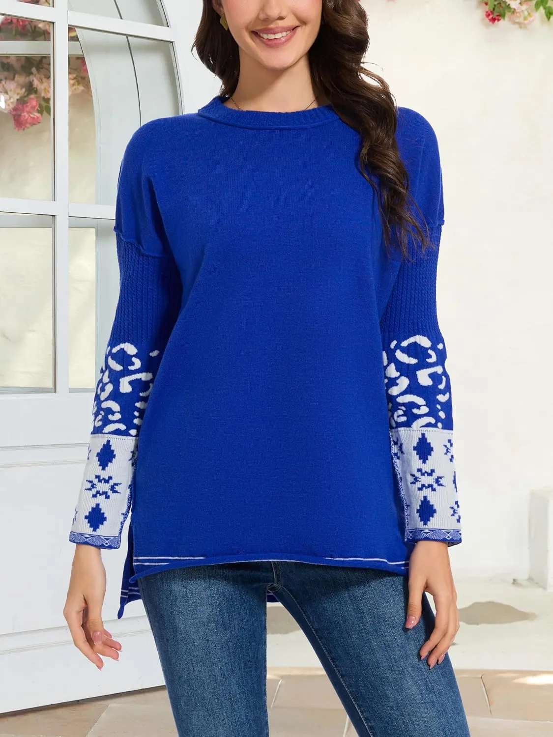 hathne Oversized Sweaters Pullover for Women Leopard Printed Cuff Casual Long Sleeve Knit Tops