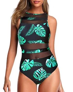 High Neck One Piece Swimsuits Mesh Open Back Swimwear for Women