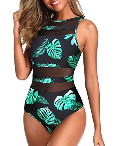 High Neck One Piece Swimsuits Mesh Open Back Swimwear for Women