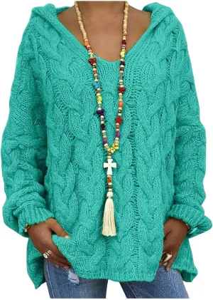 Hooded Sweater for Women Chunky Cable Knit Oversized Hoodies Long Sleeve V Neck Pullover Top Casual Loose Warm Jumper