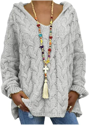 Hooded Sweater for Women Chunky Cable Knit Oversized Hoodies Long Sleeve V Neck Pullover Top Casual Loose Warm Jumper