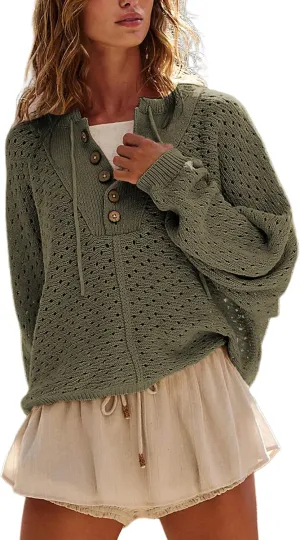 Hoodies for Women Oversized Knit Sweatshirt Long Sleeve Button Drawstring V Neck Pullover Sweaters