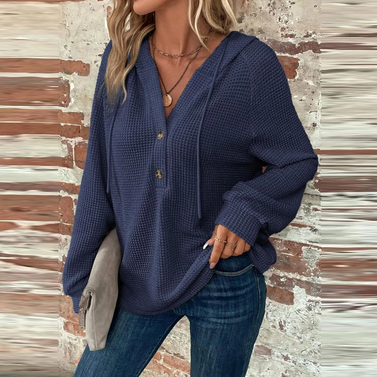 Hoodies for Women Waffle Knit Drawstring Button V Neck Pullover Sweatshirts Fall Sweaters Loose Fit Long Sleeve Tops