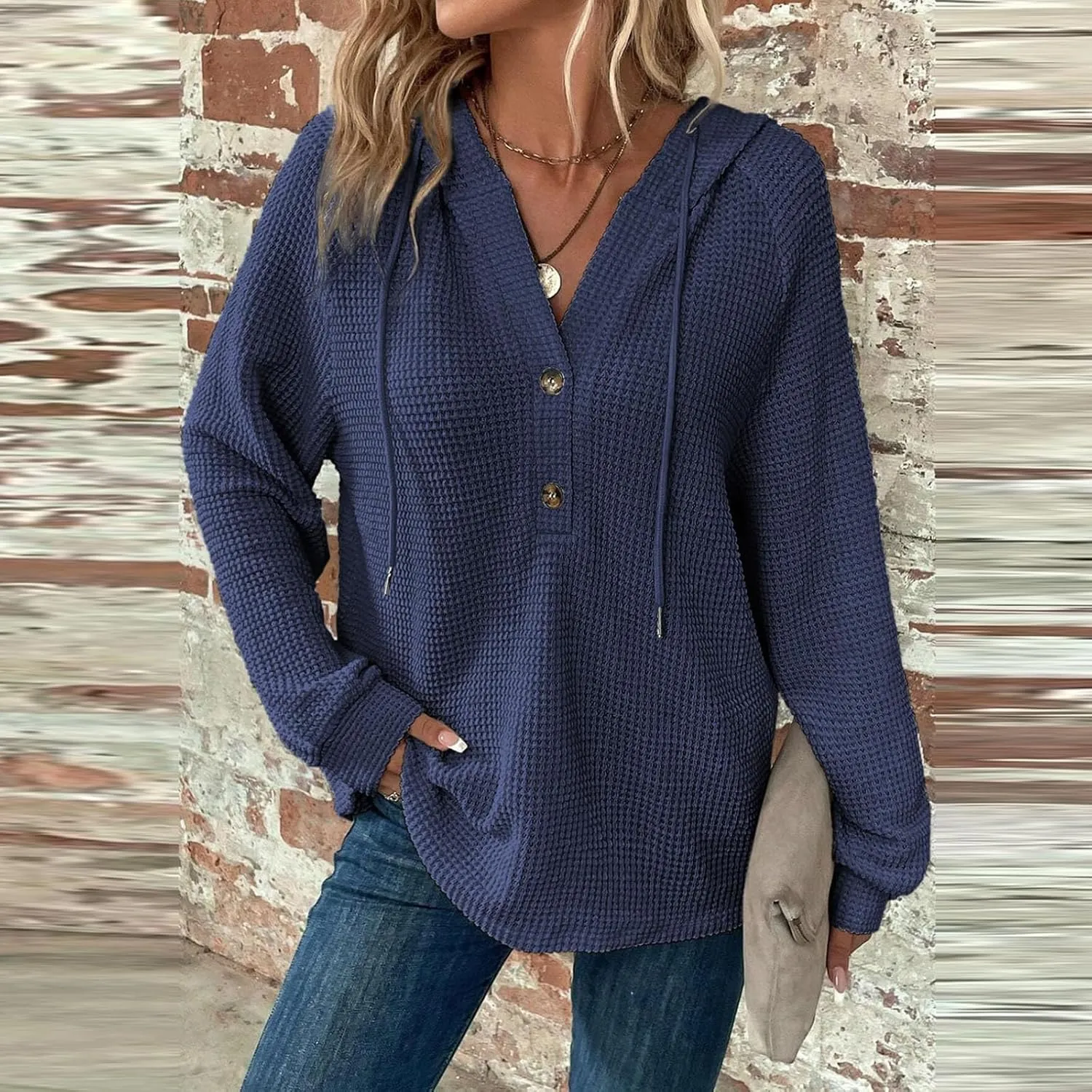 Hoodies for Women Waffle Knit Drawstring Button V Neck Pullover Sweatshirts Fall Sweaters Loose Fit Long Sleeve Tops