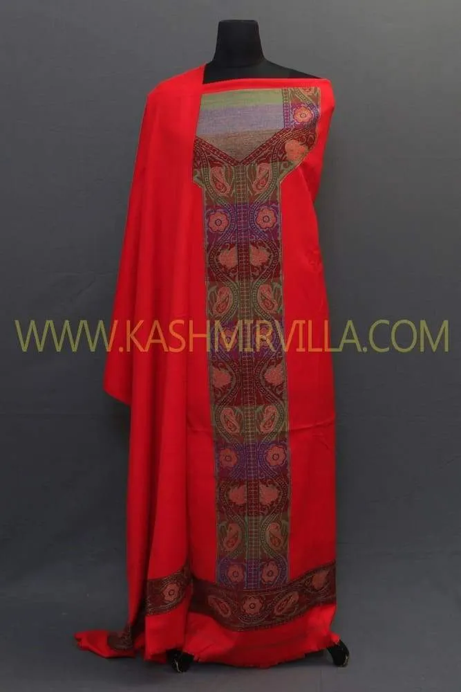 Hot Red Colour Woolen Suit With Self Woven Embroidery Known For Its Unique Design