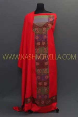 Hot Red Colour Woolen Suit With Self Woven Embroidery Known For Its Unique Design