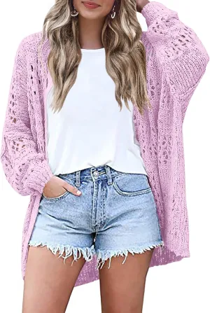 HOTOUCH Lightweight Crochet Cardigan for Women Long Sleeve Open Front Knit Oversized Cardigans Sweaters