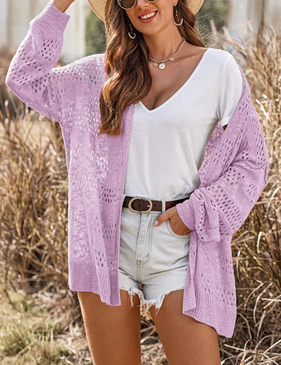 HOTOUCH Lightweight Crochet Cardigan for Women Long Sleeve Open Front Knit Oversized Cardigans Sweaters