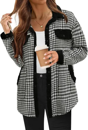HOTOUCH Pocketed Shacket Jacket Women Fashion Plaid Flannel Shirts Fleece Patchwork Long Sleeve Button Up Sherpa Fuzzy Thick Coats Vintage, M
