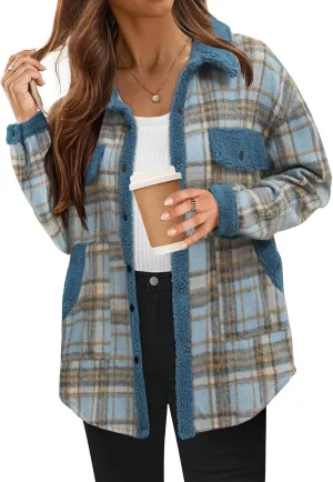 HOTOUCH Shacket Jacket Women Fashion Plaid Oversized Pocketed Coats Casual Winter Fall 2025 Thick Fleece Patchwork Outerwear, L Blue