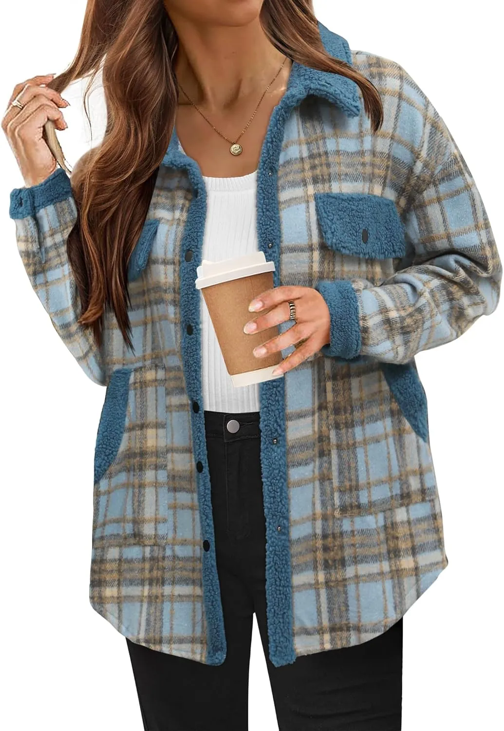 HOTOUCH Women Jacket Fashion Plaid Oversized Pocketed Coat Long Sleeve Flannel Shirts Casual Winter Fall 2025 Thick Fleece Patchwork Outerwear, XL Blue