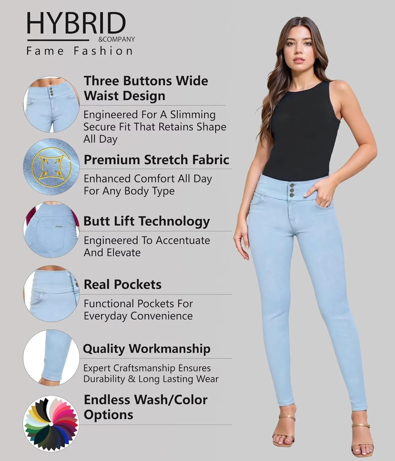 Hybrid & Company Women's Butt Lift Skinny High Waisted V3 Super Comfy Stretch Denim Pants
