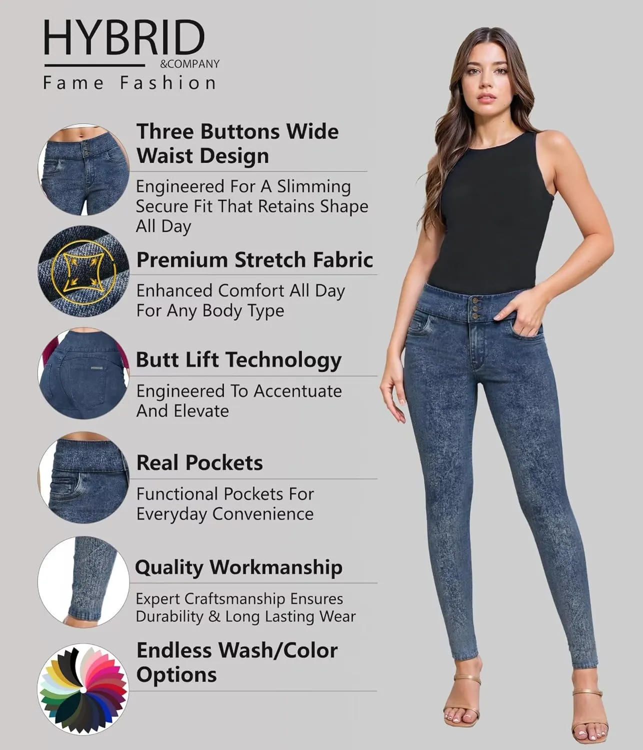 Hybrid & Company Women's Butt Lift Skinny High Waisted V3 Super Comfy Stretch Denim Pants