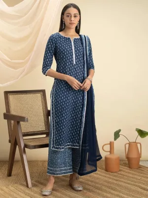 Indigo Printed Cotton Straight Kurta With Palazzos & Dupatta