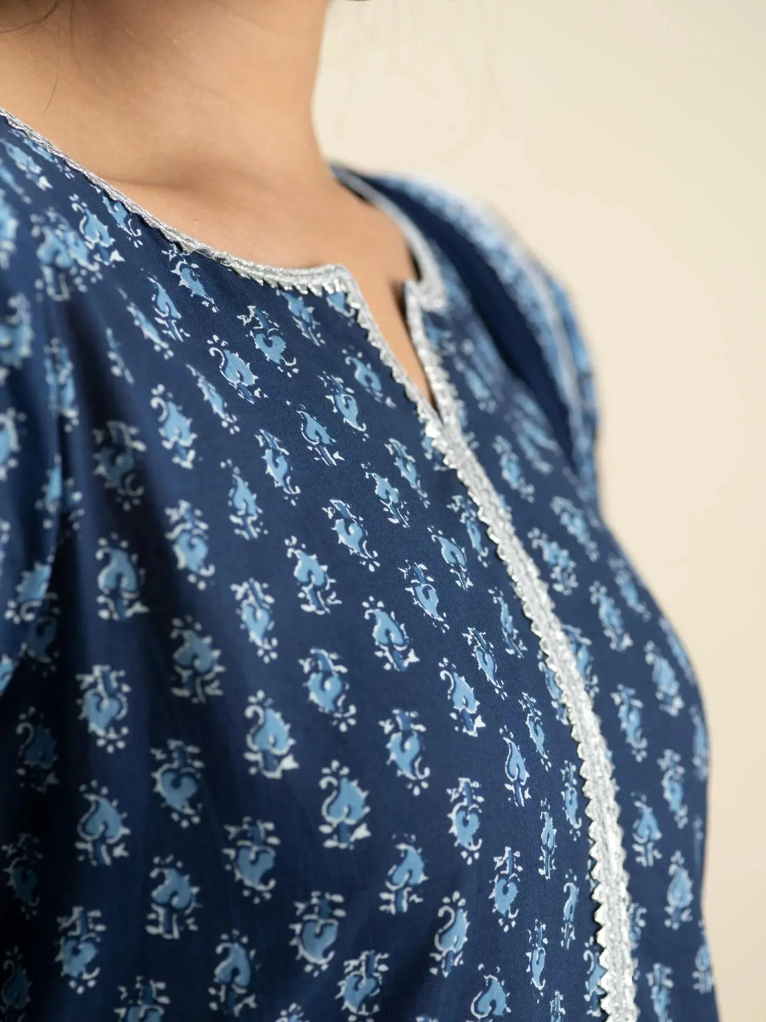 Indigo Printed Cotton Straight Kurta With Palazzos & Dupatta