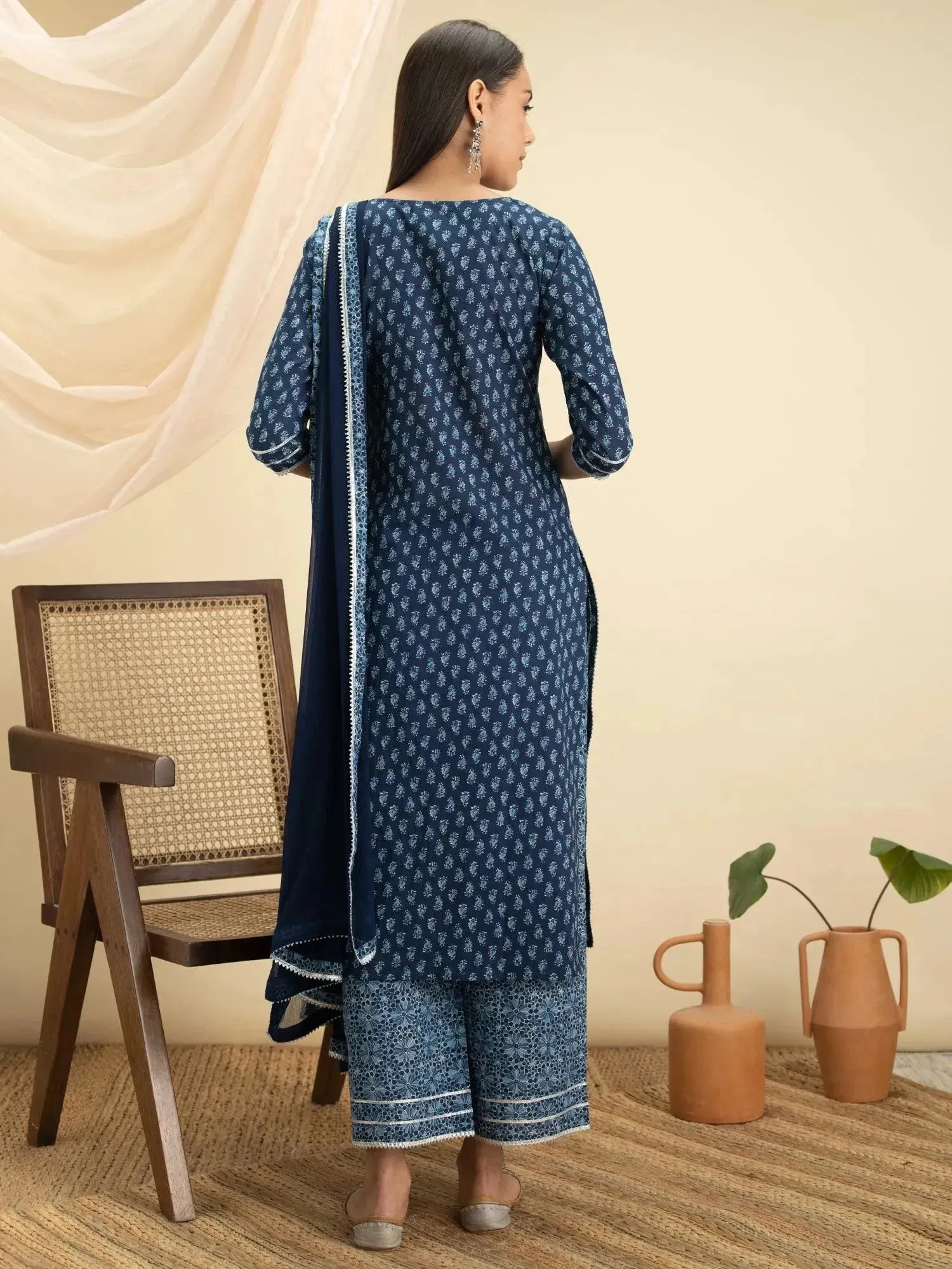 Indigo Printed Cotton Straight Kurta With Palazzos & Dupatta