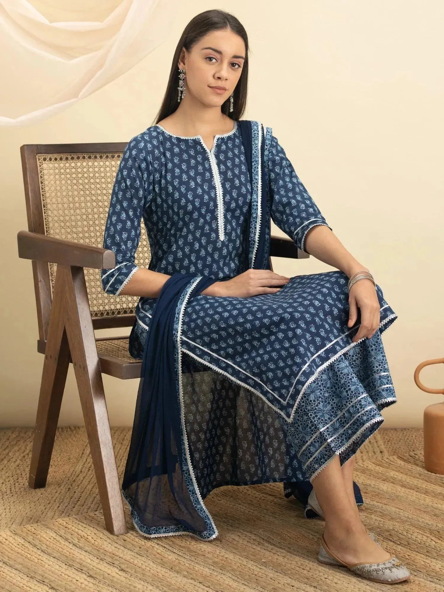 Indigo Printed Cotton Straight Kurta With Palazzos & Dupatta