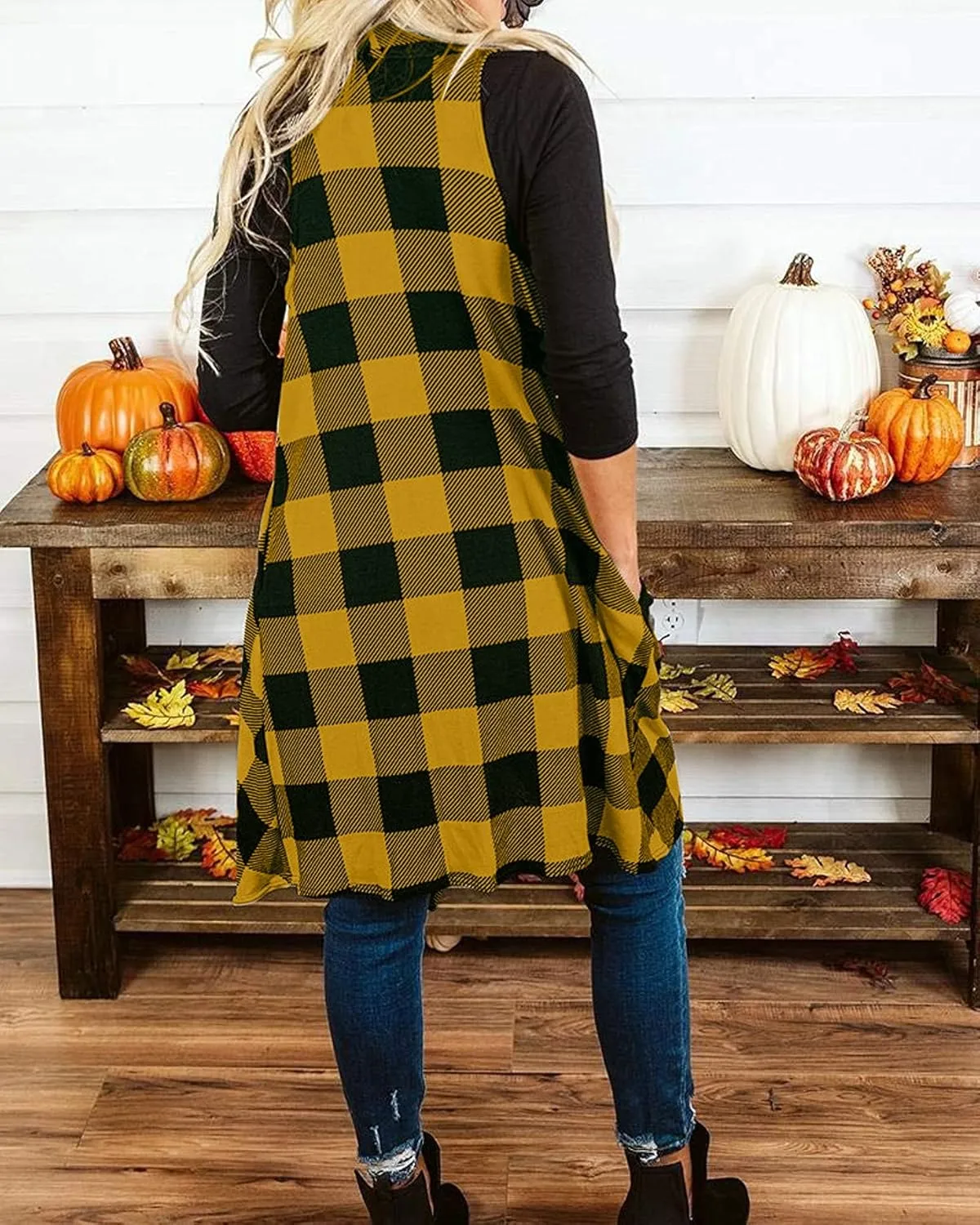 Ivay Womens Plaid Open Front Sweaters Sleeveless Duster Cardigans Drape Lightweight Vest Coat with Pockets
