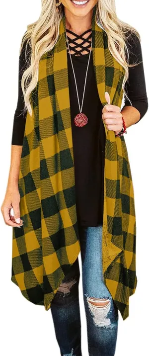 Ivay Womens Plaid Open Front Sweaters Sleeveless Duster Cardigans Drape Lightweight Vest Coat with Pockets